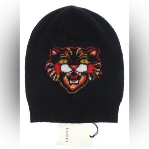 NEW GUCCI BLACK THICK KNIT SOFT LANA WOOL TIGER BEANIE HAT 58/MEDIUM